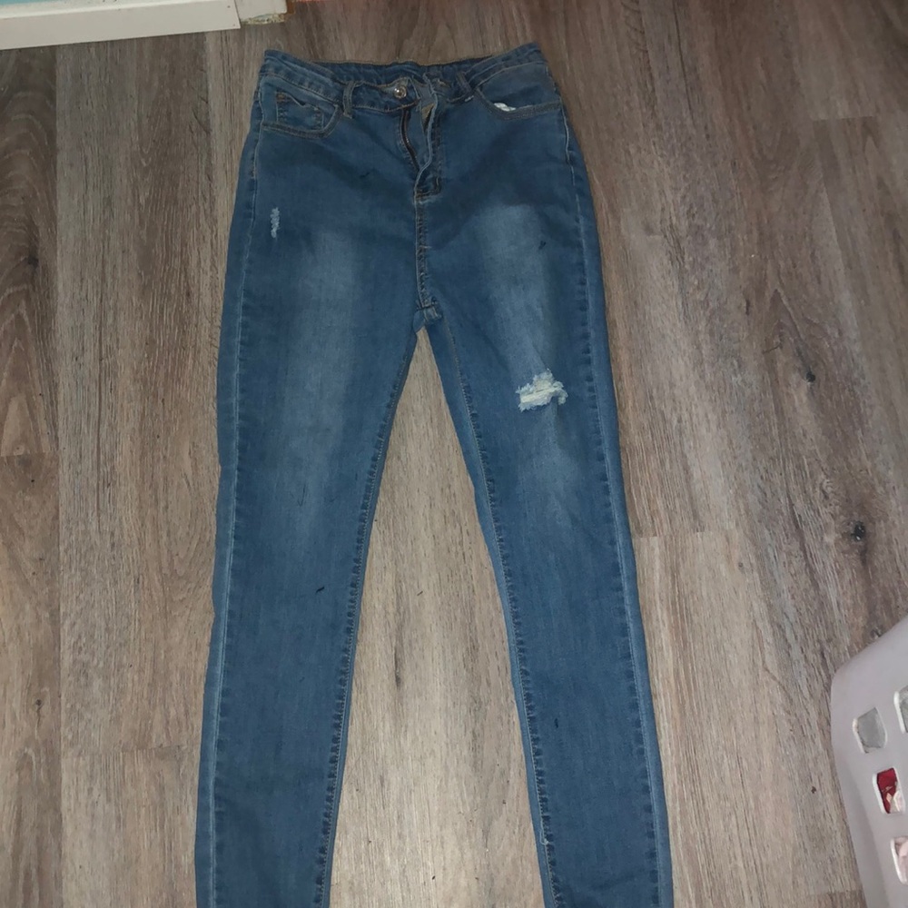 high rise ripped jeans